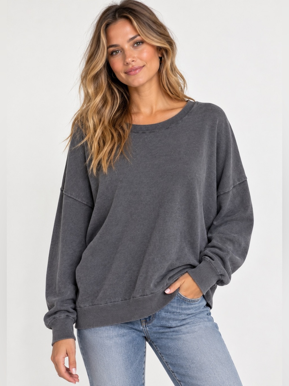Barefoot Dreams NWT Faded Black Sun-Bleached Crewneck Pullover Sweater Size M